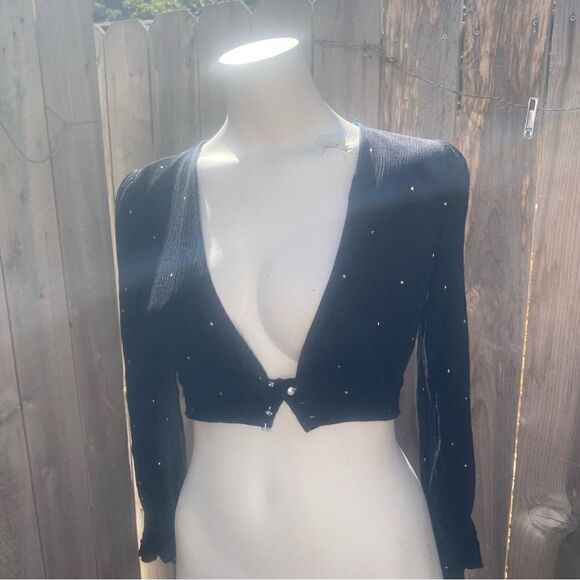 For Love & Lemons Crop Top Blouse Black Balloon Sleeves Gold Stars size small - Picture 7 of 11